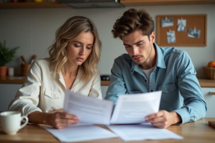 Une femme et un jeune homme examinent des papiers à la cuisine