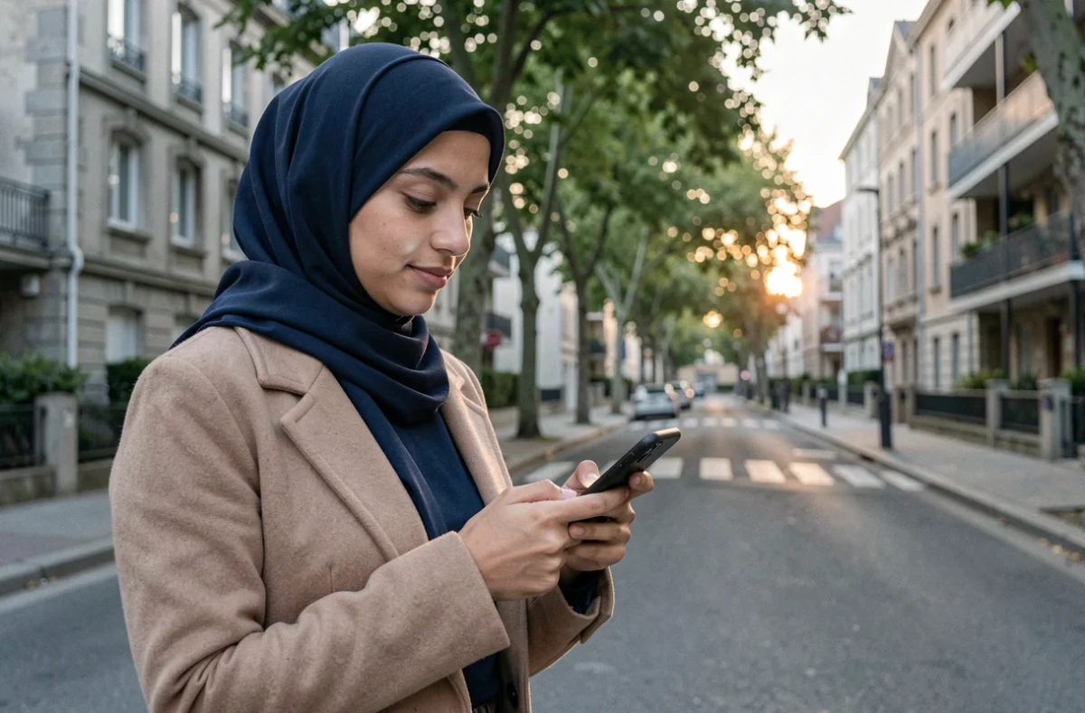Femme consultant les horaires de prière sur smartphone dans une rue d'Argenteuil au lever du jour