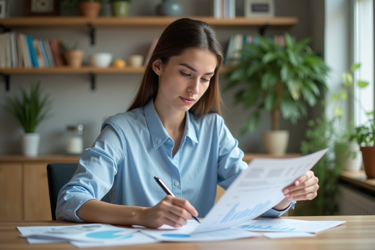 Jeune femme étudiant des prévisions d inflation à la maison