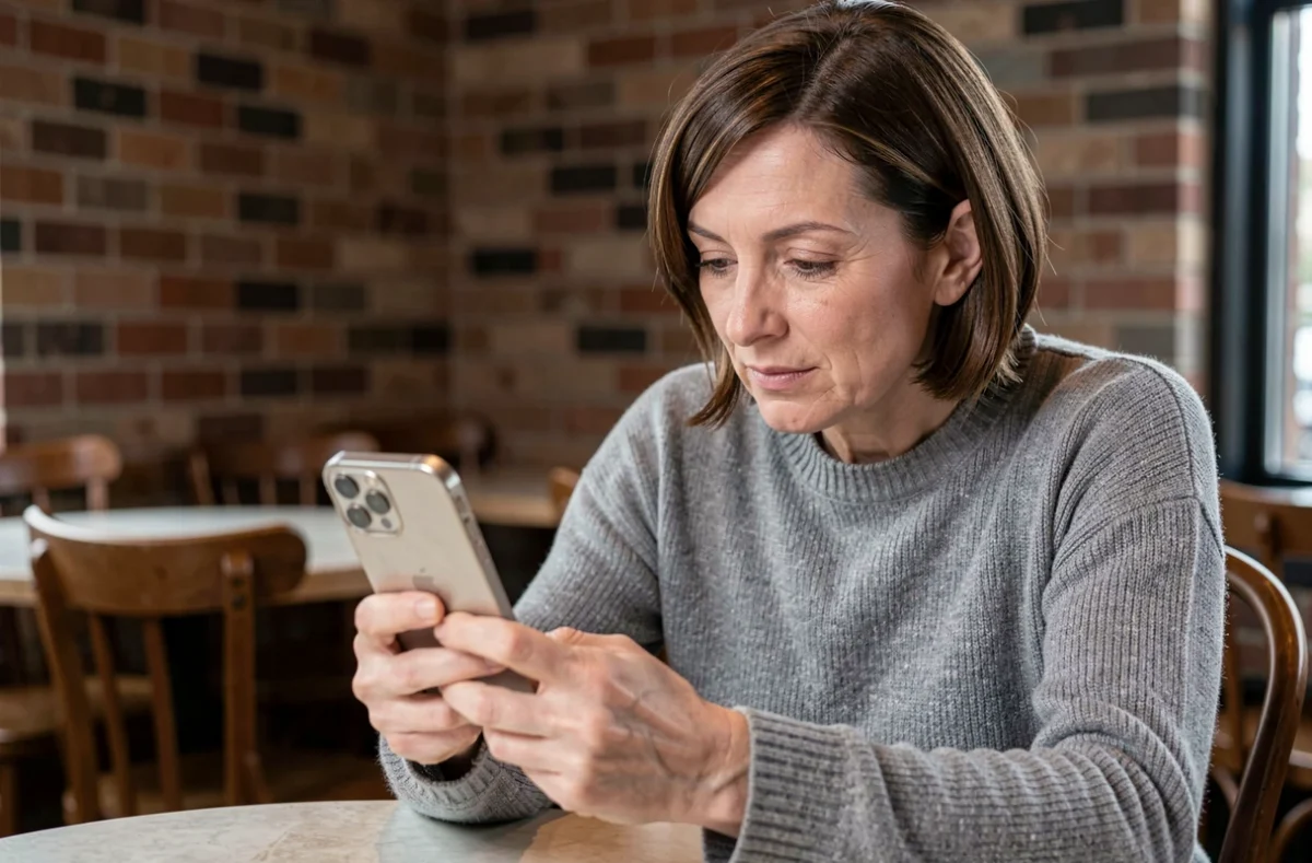 Femme examinant avec nostalgie un iPhone première génération dans un café rétro avec des murs en briques apparentes