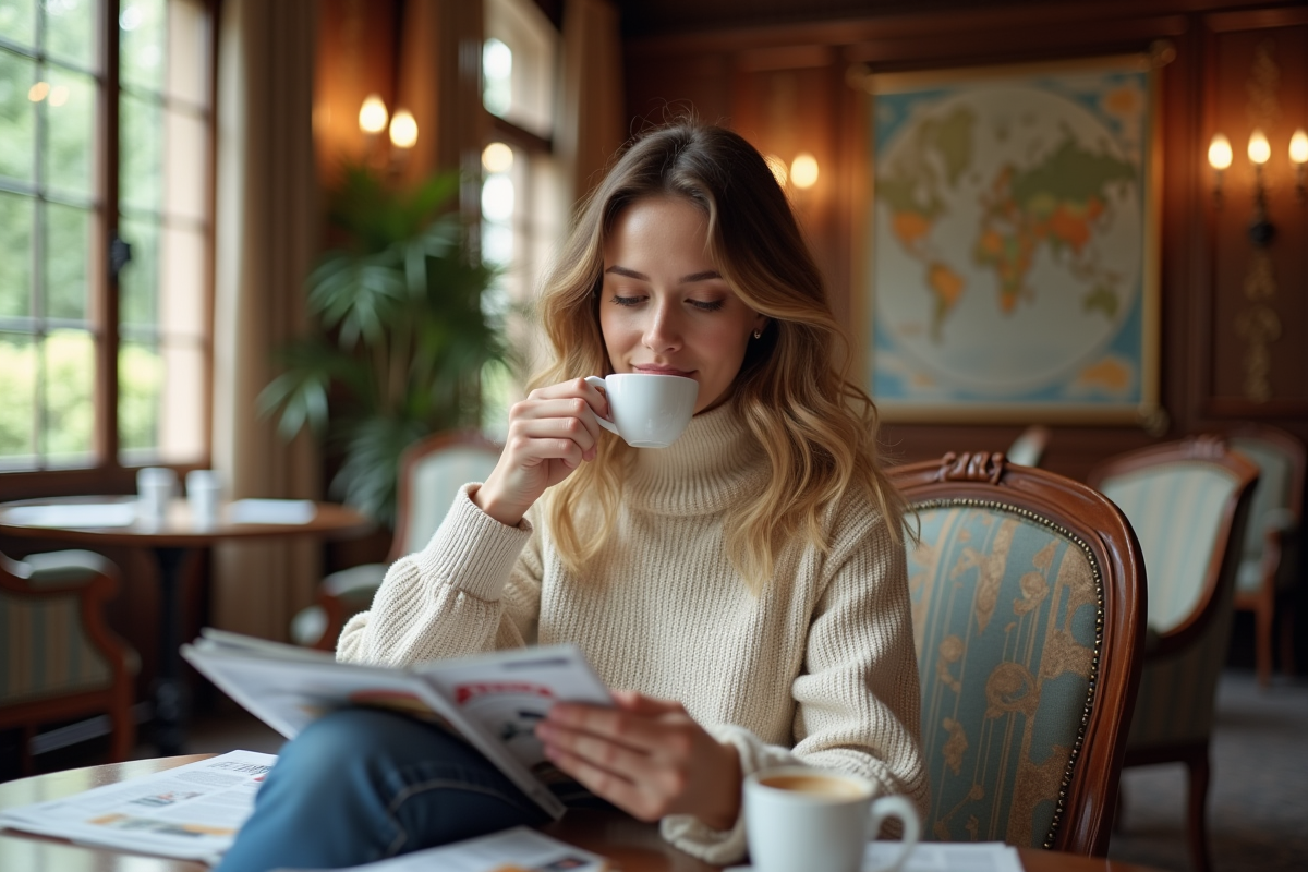 Femme détendue buvant un café dans un salon hôtel Strasbourg