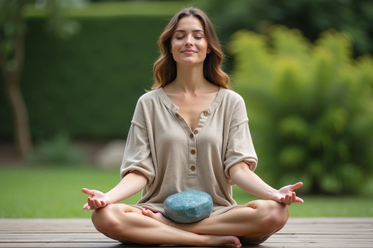 Femme en méditation tenant une pierre bleue dans un jardin verdoyant, posture de protection et sérénité