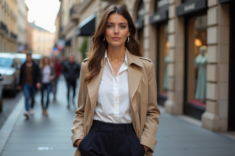 Femme confiante en trench beige dans une rue urbaine