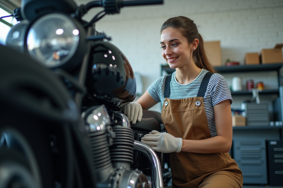 Jeune femme nettoyant la moto dans un atelier