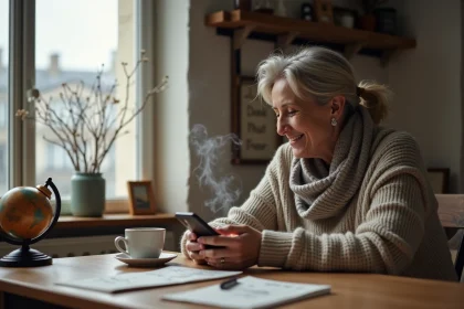 Femme française relaxée avec mug et carte postale