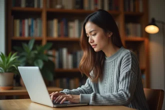 Femme parcourant une plateforme d'ebooks légaux sur son ordinateur portable dans une bibliothèque personnelle
