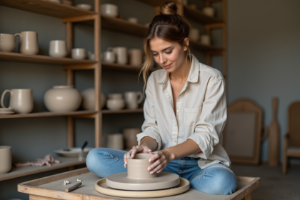 Femme façonnant de l'argile sur un tour de potier dans un atelier
