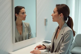 Femme d'âge moyen examine son reflet en clinique dermatologique