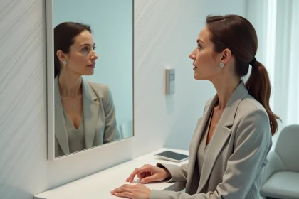 Femme d'âge moyen examine son reflet en clinique dermatologique