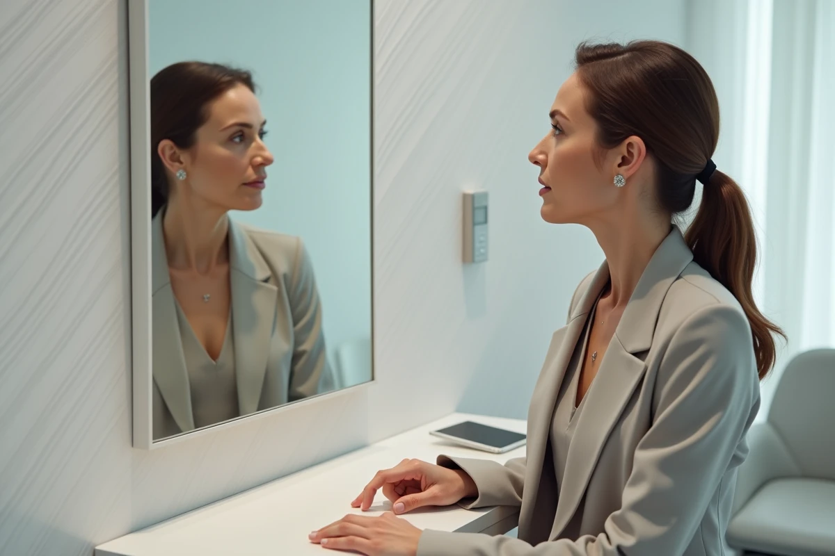 Femme d'âge moyen examine son reflet en clinique dermatologique