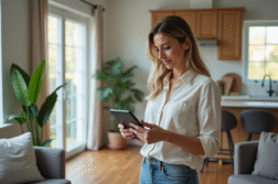 Femme d'âge moyen dans un salon rénové tenant une tablette
