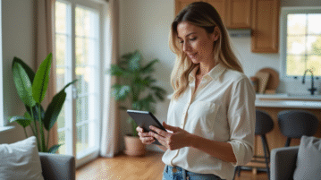 Femme d'âge moyen dans un salon rénové tenant une tablette
