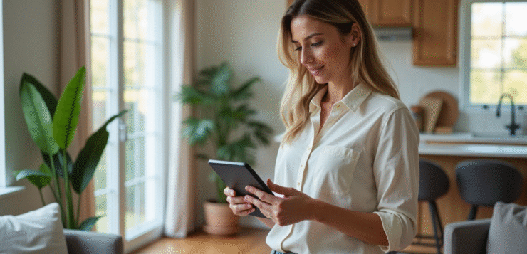 Femme d'âge moyen dans un salon rénové tenant une tablette