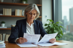 Femme d'âge moyen au bureau avec documents de retraite