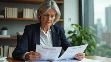 Femme d'âge moyen au bureau avec documents de retraite