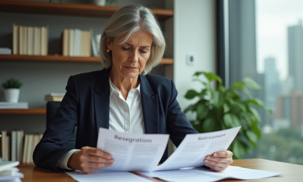 Femme d'âge moyen au bureau avec documents de retraite