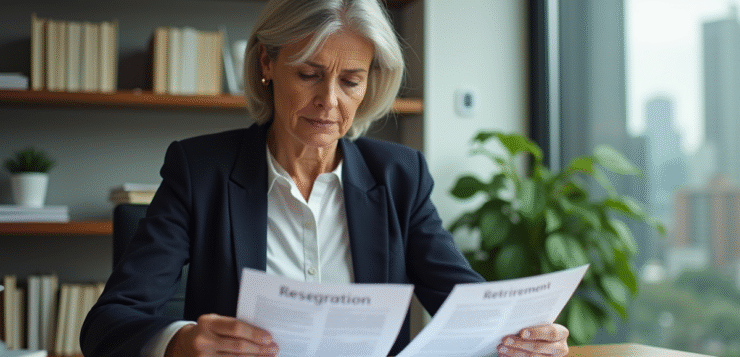 Femme d'âge moyen au bureau avec documents de retraite
