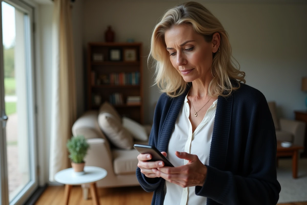 Femme naviguant sur le menu téléphonique automatique d'Amazon depuis son salon pour atteindre un conseiller humain