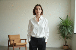 Portrait d'une femme en blanc dans un salon épuré