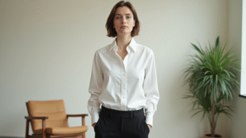 Portrait d'une femme en blanc dans un salon épuré