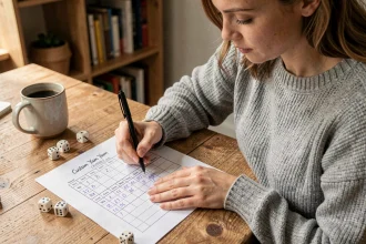 Femme remplissant un tableau de score Yam personnalisé à son bureau à domicile avec des dés et un stylo