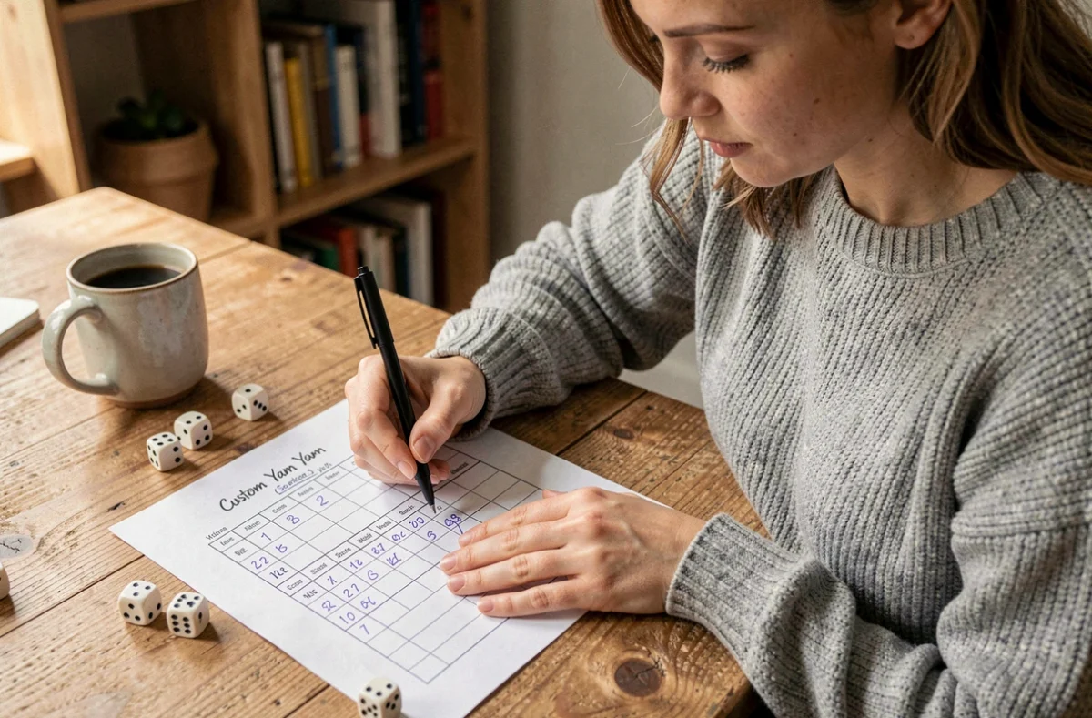 Femme remplissant un tableau de score Yam personnalisé à son bureau à domicile avec des dés et un stylo