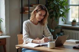 Femme d'âge moyen utilisant une tablette dans un bureau lumineux