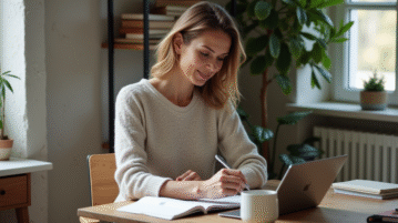 Femme d'âge moyen utilisant une tablette dans un bureau lumineux