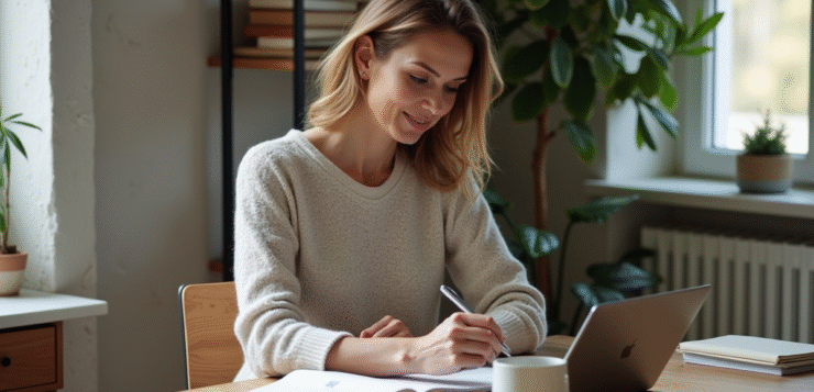 Femme d'âge moyen utilisant une tablette dans un bureau lumineux
