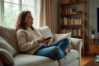 Femme regardant la télévision l'après-midi dans un salon cosy en 2026, programme TV à l'écran