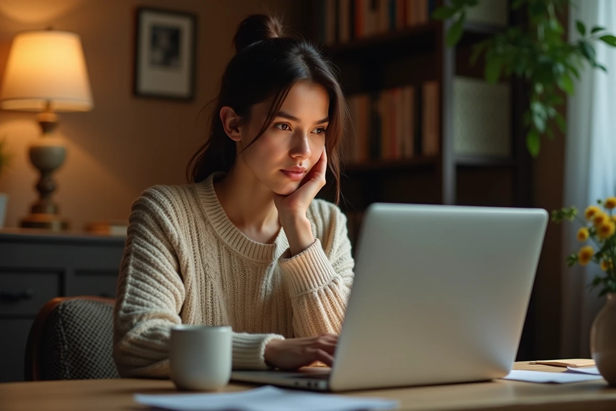 Femme transgenre vérifiant un profil de rencontre en ligne sur son ordinateur portable depuis son bureau à domicile