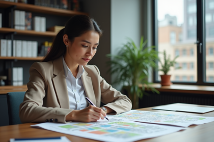 Femme professionnelle examine des plans urbains dans un bureau moderne