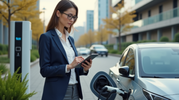 Femme d'affaires près d'une voiture électrique en ville