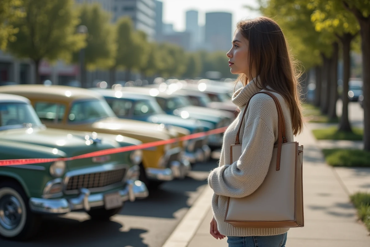 Jeune femme observant des voitures anciennes dans un parc urbain