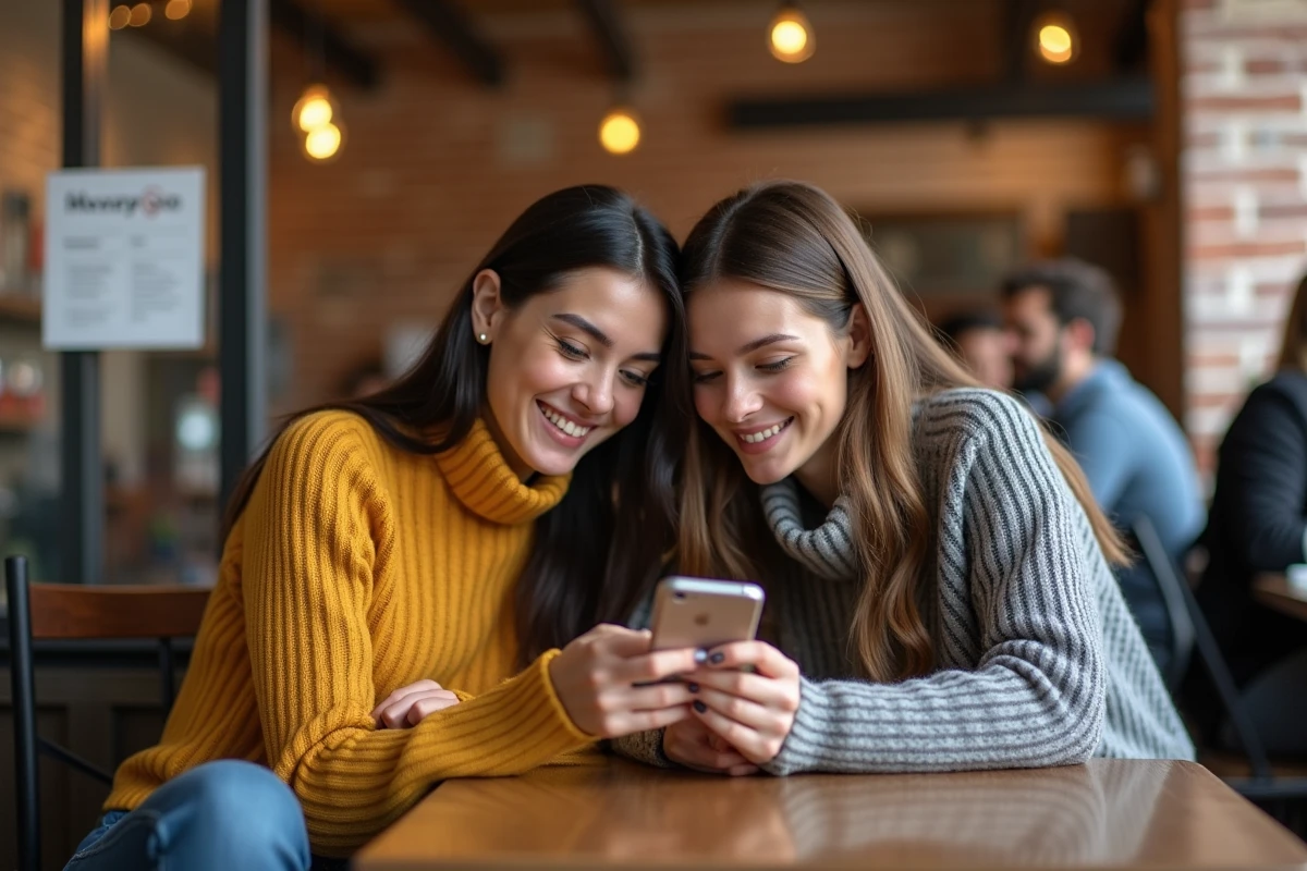 Deux femmes souriantes partageant une application Monopoly dans un café chaleureux