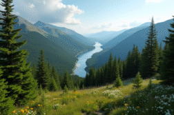 Paysage forestier du Newfoundland vu d'en haut avec rivière et conifères