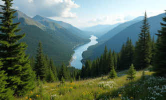 Paysage forestier du Newfoundland vu d'en haut avec rivière et conifères