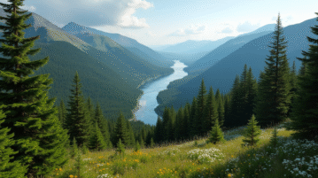 Paysage forestier du Newfoundland vu d'en haut avec rivière et conifères