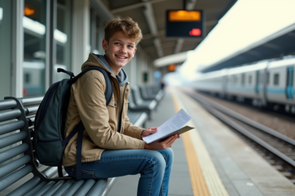 Jeune garçon attendant à la gare avec documents de voyage