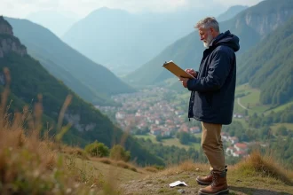 Homme géomètre sur une colline alpine avec vue panoramique