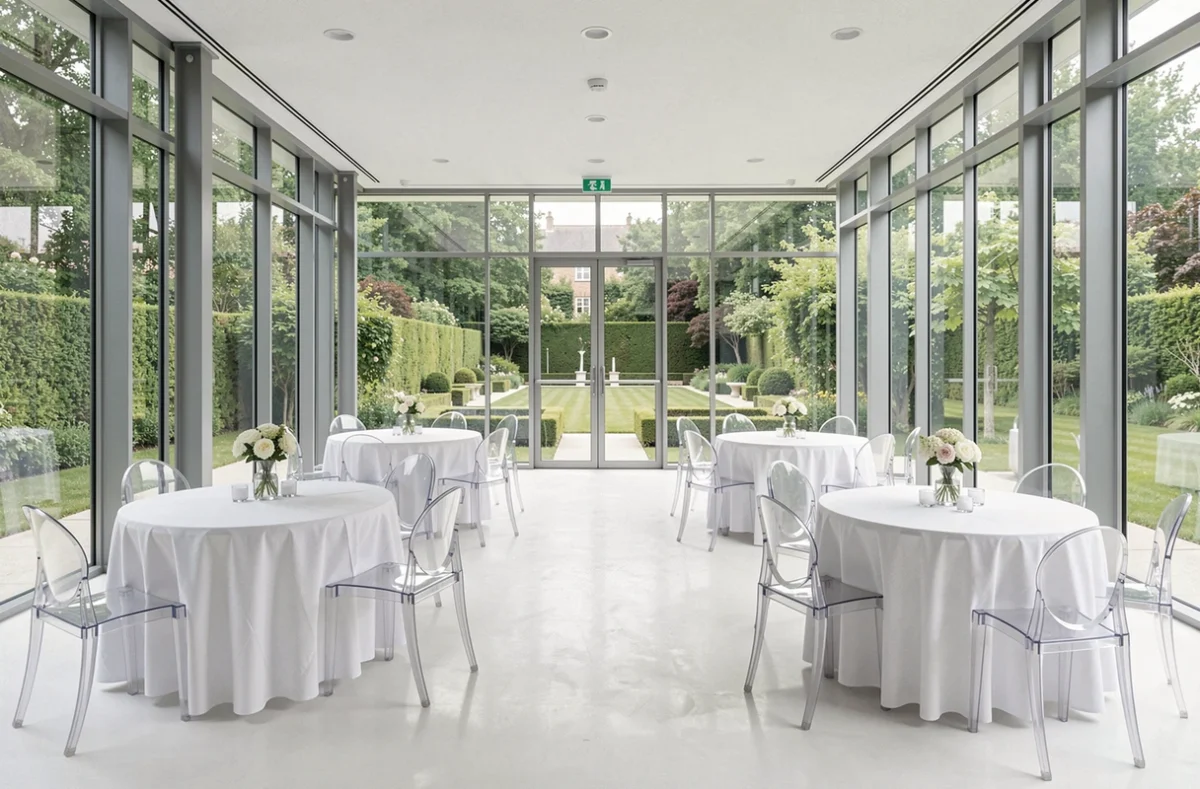 Le Glassy Réception, salle événementielle contemporaine aux murs vitrés donnant sur un jardin paysager dans les Yvelines