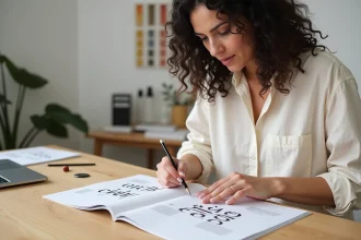 Graphiste comparant deux chartes typographiques serif et sans-serif pour une identité de marque professionnelle