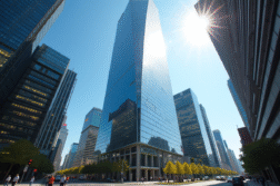 Gratte-ciel moderne reflet soleil dans un quartier d'affaires dynamique