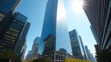 Gratte-ciel moderne reflet soleil dans un quartier d'affaires dynamique
