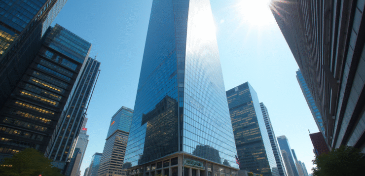 Gratte-ciel moderne reflet soleil dans un quartier d'affaires dynamique