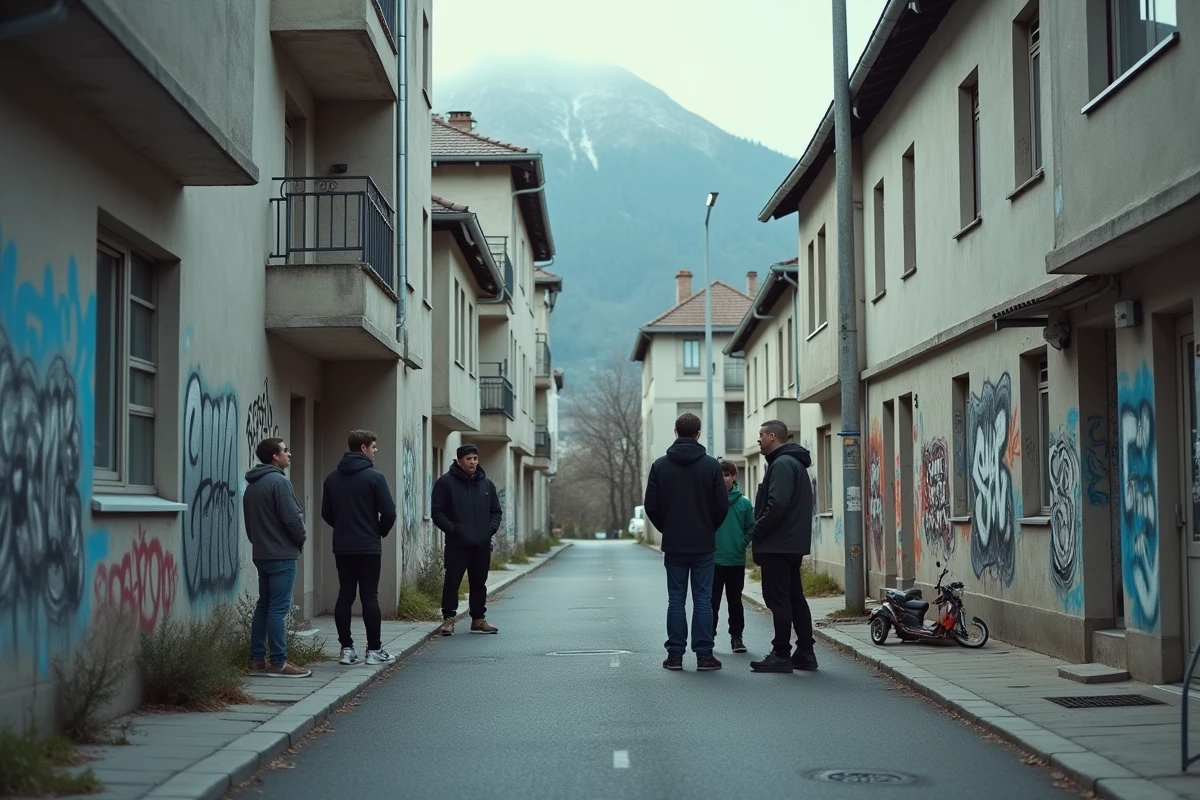 Cité HLM de Grenoble avec murs tagués, scooter brûlé et groupe de jeunes, illustrant les violences urbaines et les trafics dans la ville