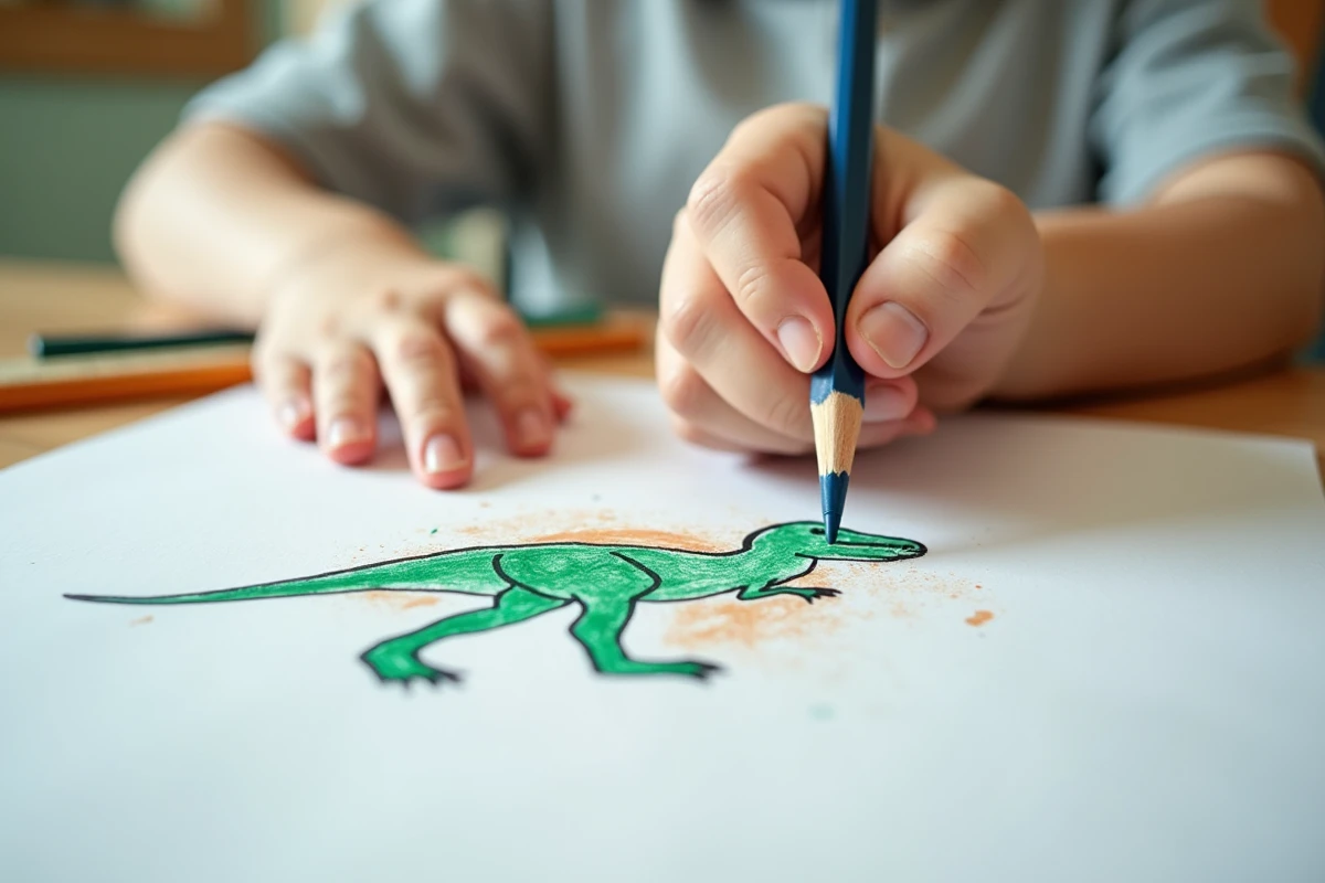 Gros plan d'une main d'enfant coloriant un dessin de T-Rex avec des crayons de couleur sur papier blanc