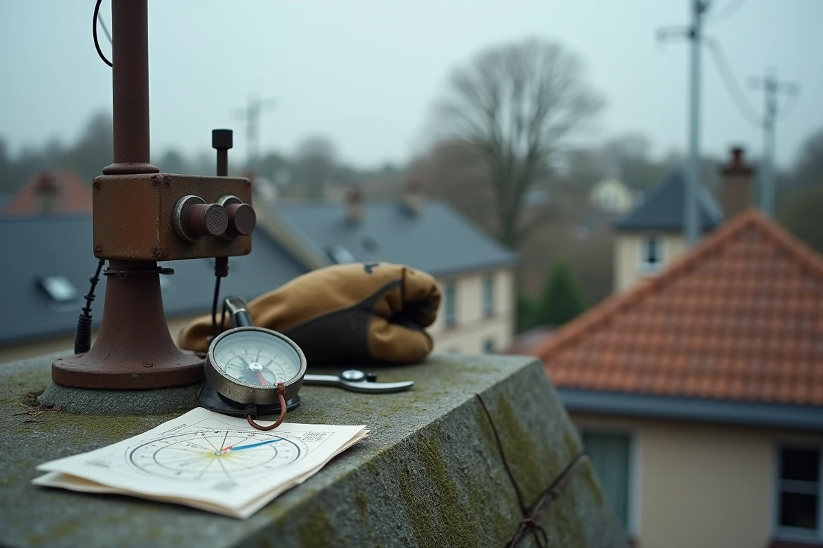 Gros plan sur le réglage mécanique d'une antenne TNT sur cheminée avec boussole et fiche d'orientation du signal