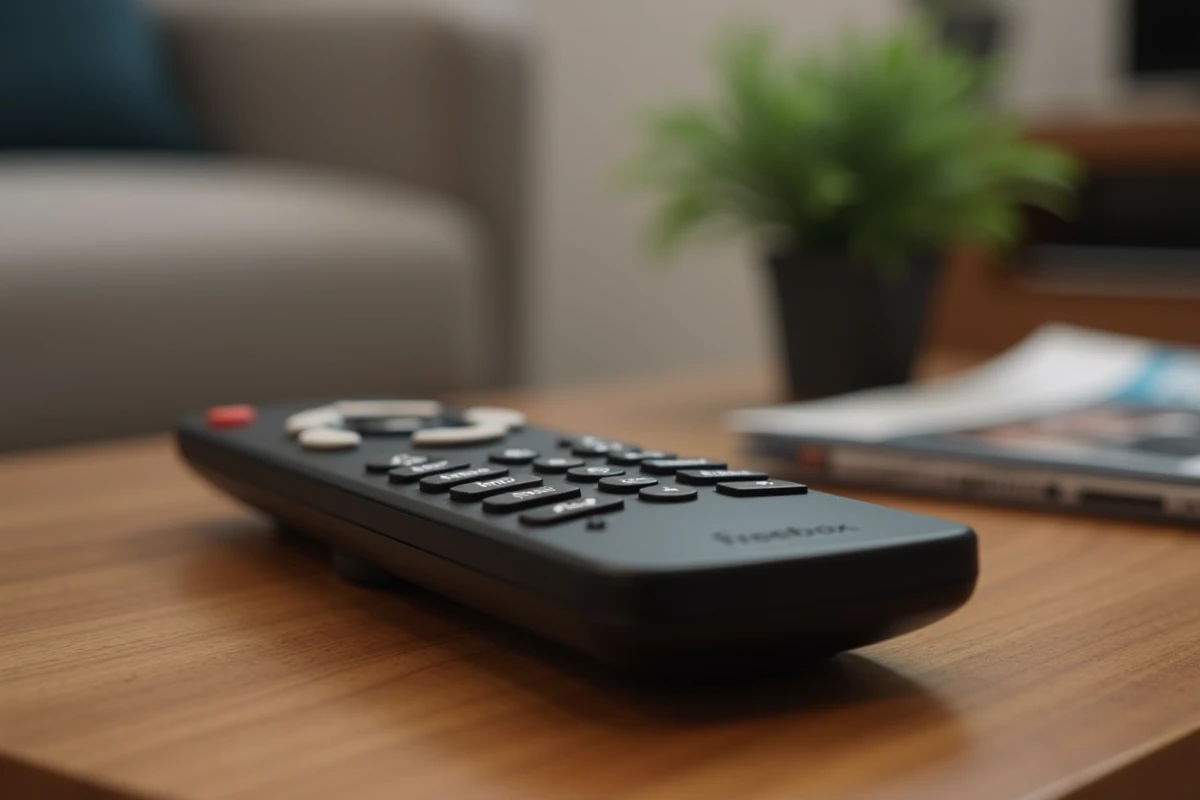 Gros plan sur une télécommande Freebox posée sur une table basse en bois avec fond de salon flou