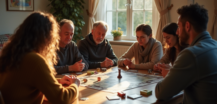 Groupe d'amis jouant au Cluedo à la maison